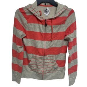 Volcom VINTAGE Men's Y2K Orange Grey‎ Striped Zip up Hoodie SMALL